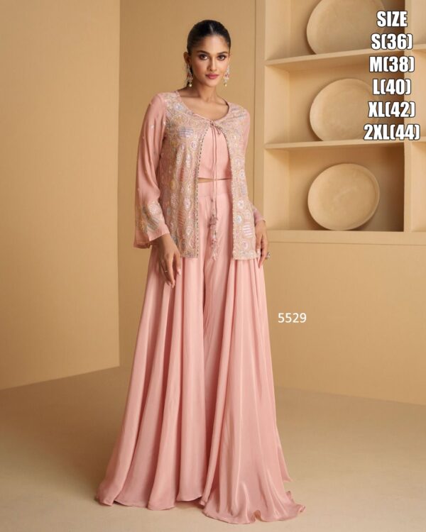 Our Stylish Georgette Short Shrugs With Plazo And Crop Top Set For Women, Our Exclusive Trendy Outfits Buy Now!