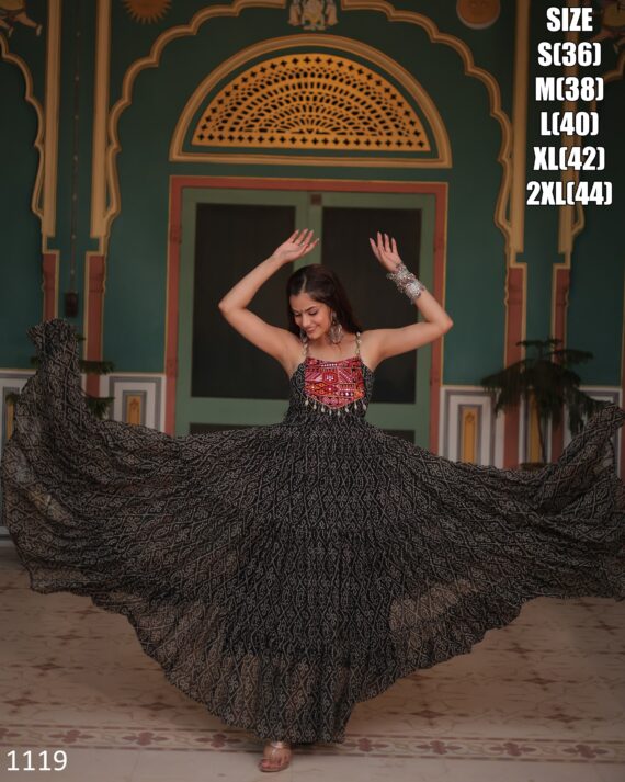 New Designer Navratri Special Faux Georgette Gown In Bandhani Print Work With Kutchi Patchwork