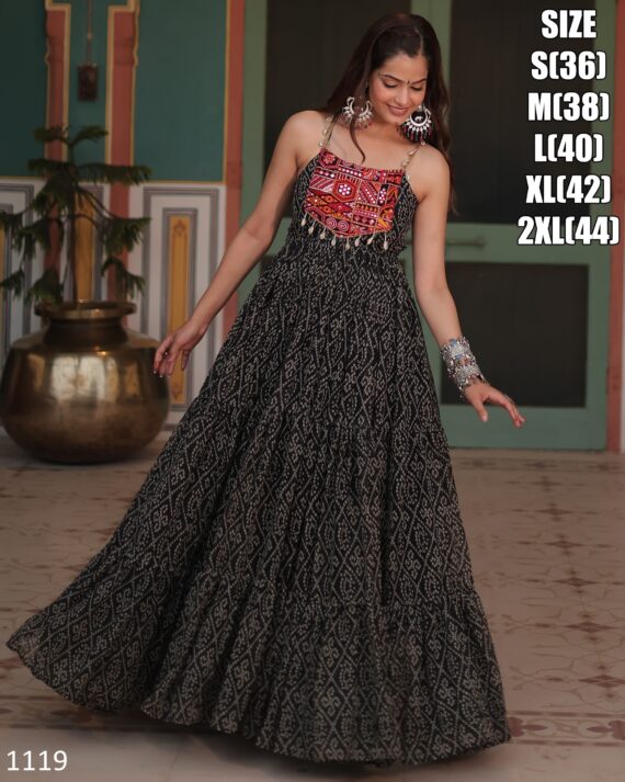 New Designer Navratri Special Faux Georgette Gown In Bandhani Print Work With Kutchi Patchwork