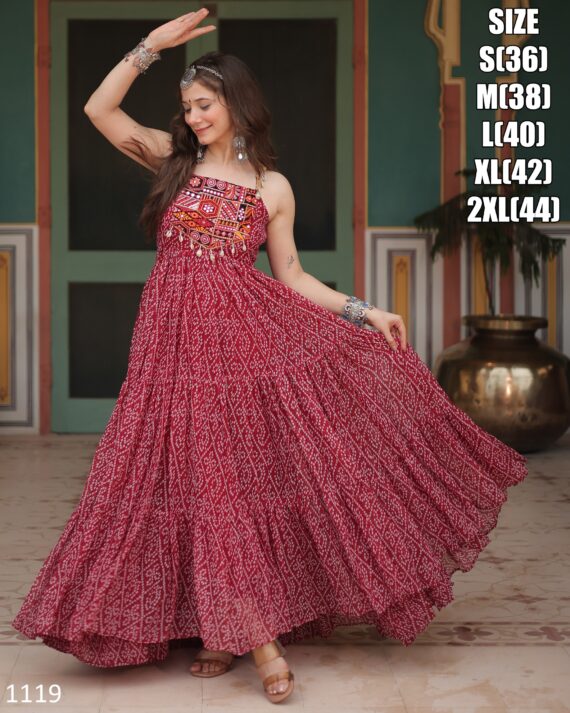 New Designer Navratri Special Faux Georgette Gown In Bandhani Print Work With Kutchi Patchwork