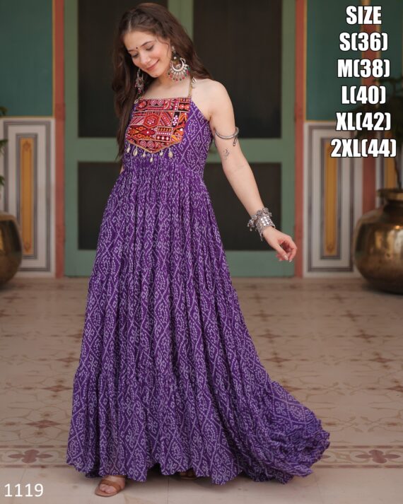 New Designer Navratri Special Faux Georgette Gown In Bandhani Print Work With Kutchi Patchwork