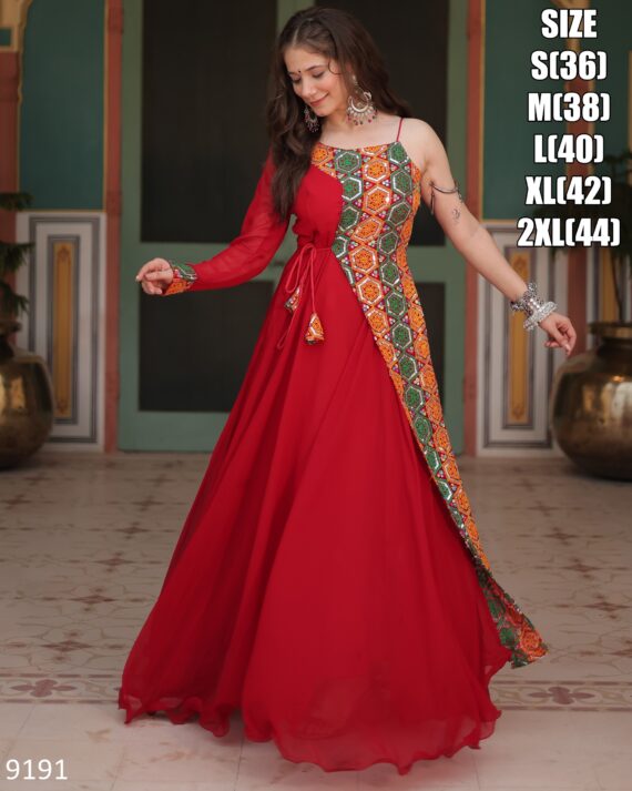Presenting Our New Navratri Collection Buy Red Colour Kutchi Gamthi Work Faux Blooming Designer Navratri Gown