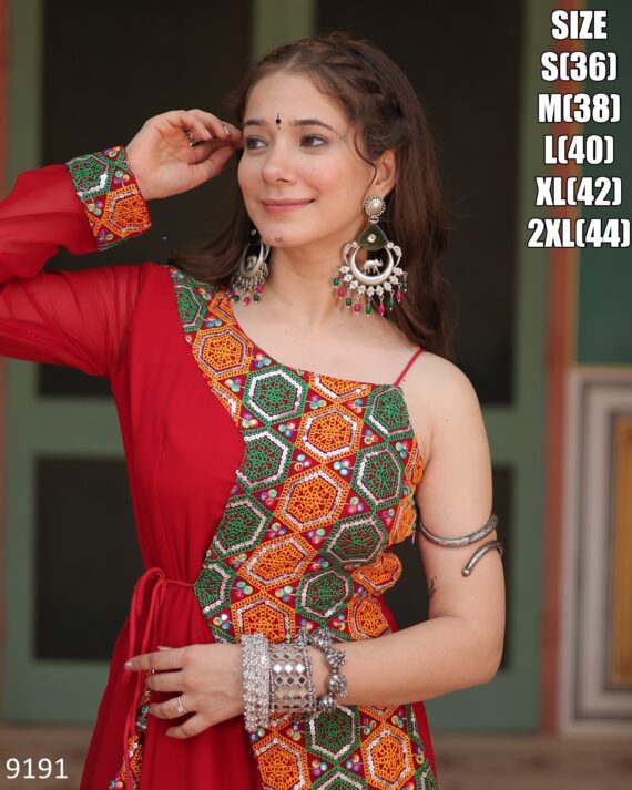 Presenting Our New Navratri Collection Buy Red Colour Kutchi Gamthi Work Faux Blooming Designer Navratri Gown