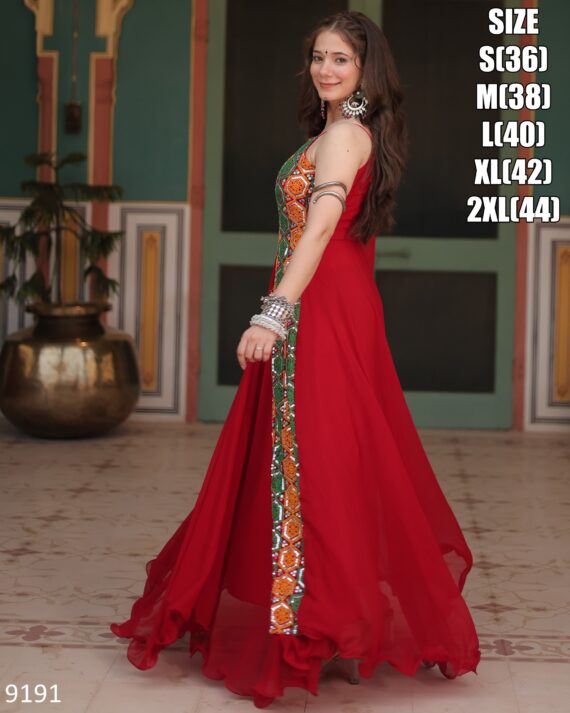 Presenting Our New Navratri Collection Buy Red Colour Kutchi Gamthi Work Faux Blooming Designer Navratri Gown