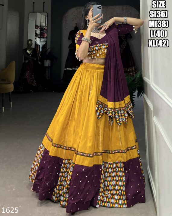 Fascinating Yellow Cotton Plain And Paper Mirror HandWork With Gamthi Work Lehenga Choli