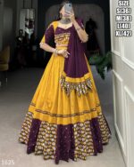 Fascinating Yellow Cotton Plain And Paper Mirror HandWork With Gamthi Work Lehenga Choli