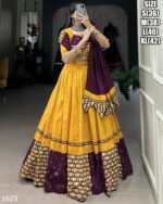 Fascinating Yellow Cotton Plain And Paper Mirror HandWork With Gamthi Work Lehenga Choli