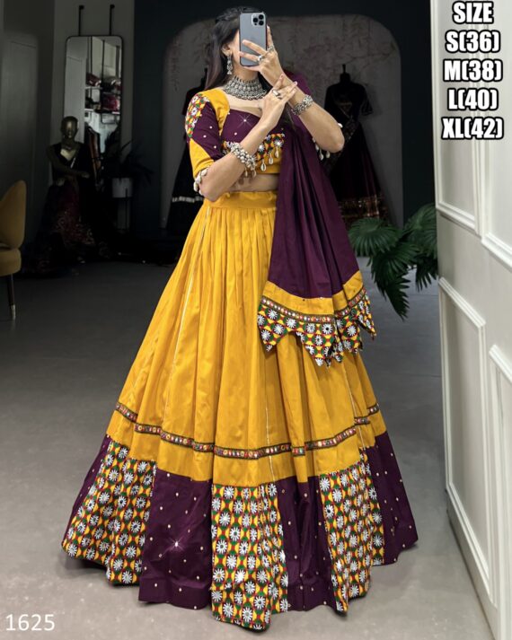 Fascinating Yellow Cotton Plain And Paper Mirror HandWork With Gamthi Work Lehenga Choli
