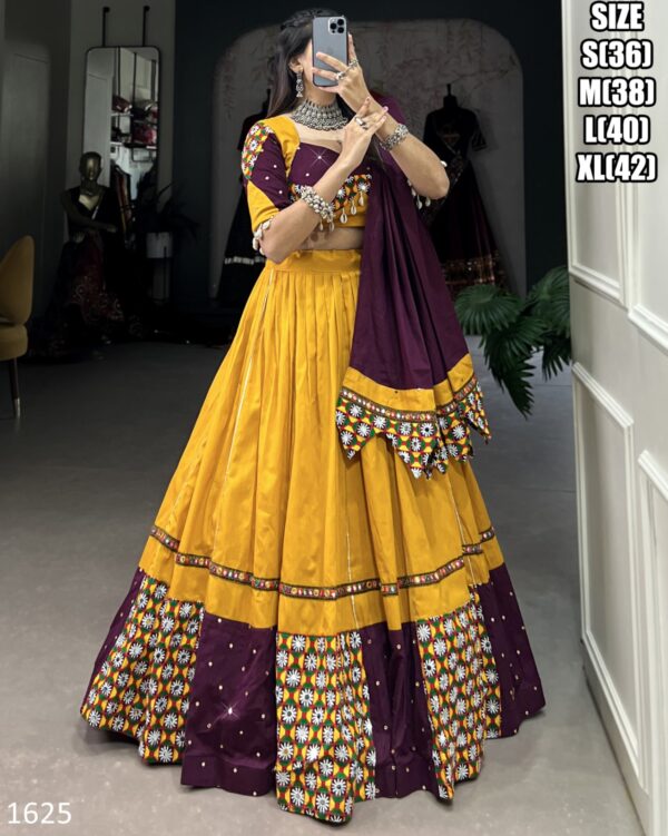 Fascinating Yellow Cotton Plain And Paper Mirror HandWork With Gamthi Work Lehenga Choli