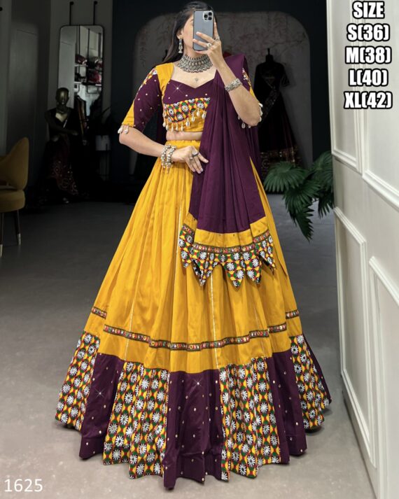 Fascinating Yellow Cotton Plain And Paper Mirror HandWork With Gamthi Work Lehenga Choli