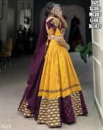 Fascinating Yellow Cotton Plain And Paper Mirror HandWork With Gamthi Work Lehenga Choli