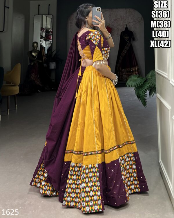 Fascinating Yellow Cotton Plain And Paper Mirror HandWork With Gamthi Work Lehenga Choli