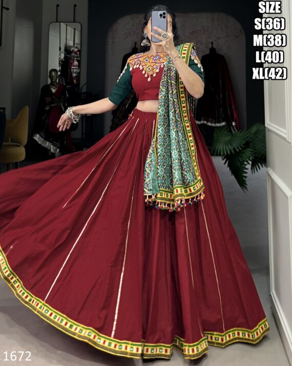 Red Colour Pure Cotton Original Mirror Gamthi Work Navratri Special Lehenga Choli Set