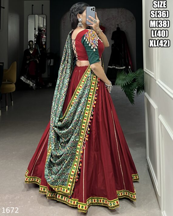 Red Colour Pure Cotton Original Mirror Gamthi Work Navratri Special Lehenga Choli Set