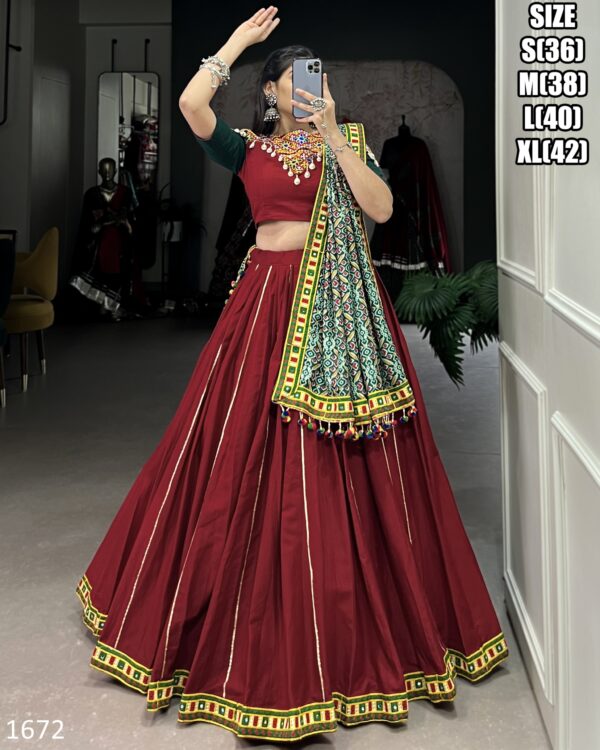 Red Colour Pure Cotton Original Mirror Gamthi Work Navratri Special Lehenga Choli Set