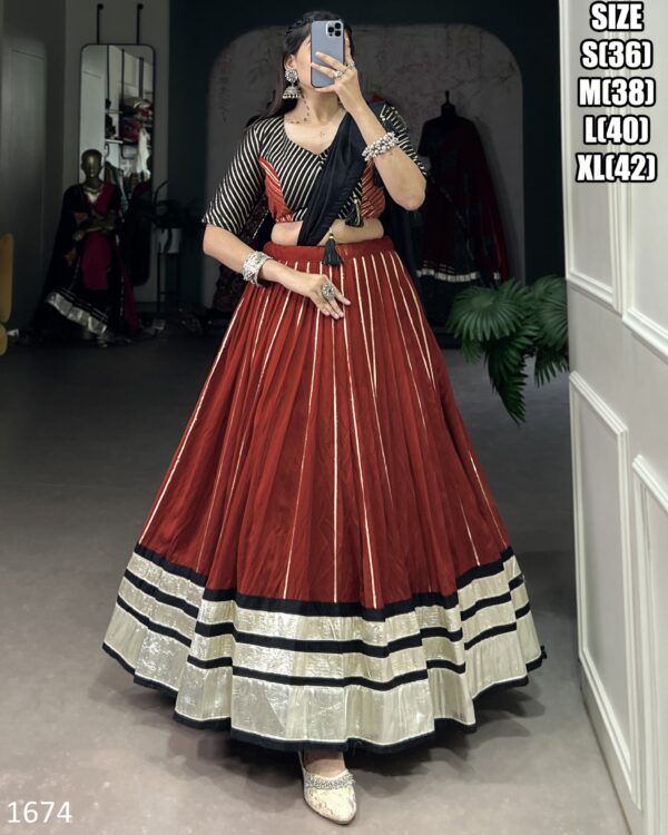 Navratri Collection Embossed Design And Zari Line Chanderi Lehenga Choli With Dupatta