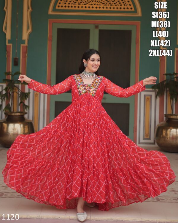 Latest Designer Pure Bandhani Print Work With Kutchi Patch Work Anarkali Gown Special For Navratri