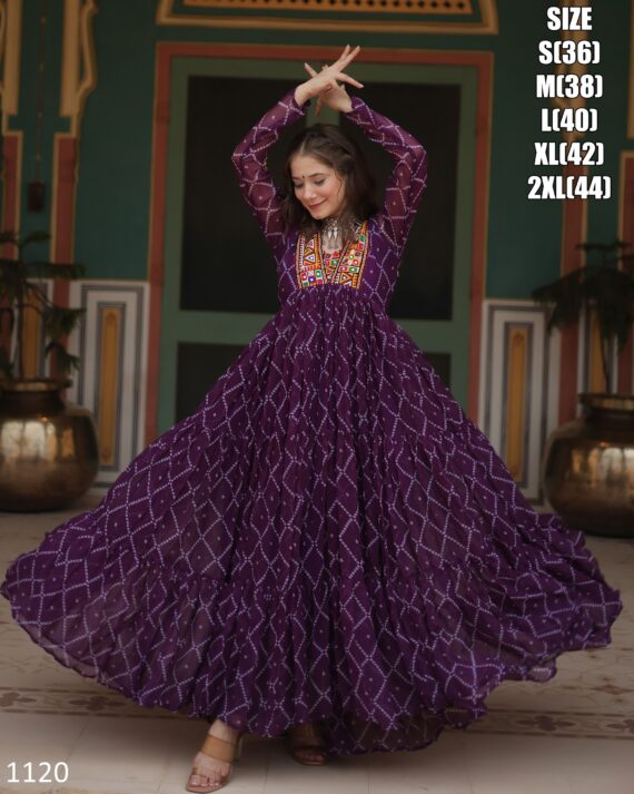 Latest Designer Pure Bandhani Print Work With Kutchi Patch Work Anarkali Gown Special For Navratri