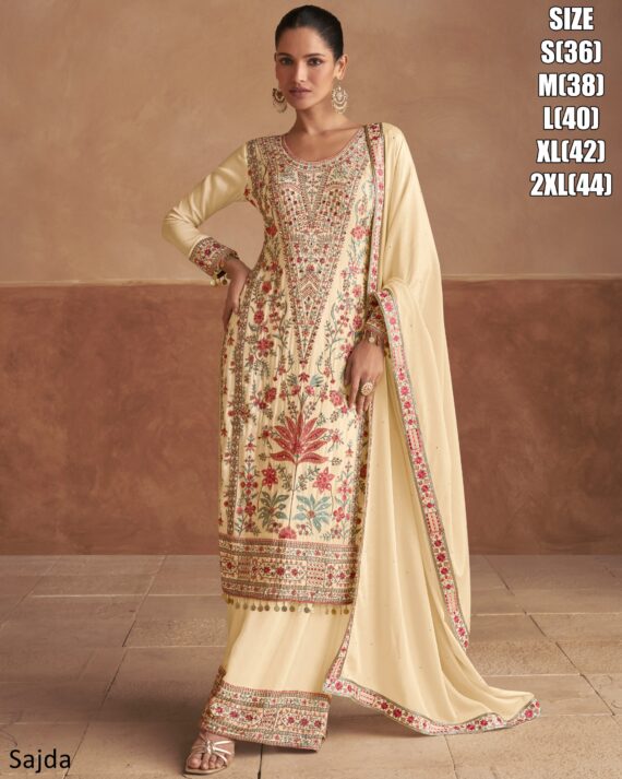 Glamorous Chinon Fabric Black And Ivory Colour Designer Suit With Plain Dupatta