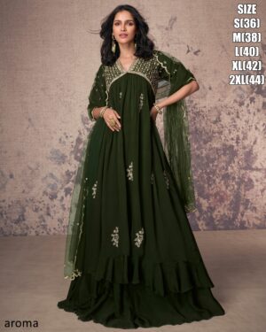 Classy Wedding Wear Long Trail Women's Gown With White Embroidery Work