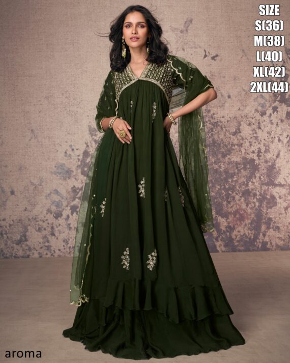 Classy Wedding Wear Long Trail Women's Gown With White Embroidery Work