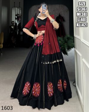 Black Colour Pure Cotton Plain With Mirror And Gamthi Patch Work Navratri Special Lehenga Choli Set