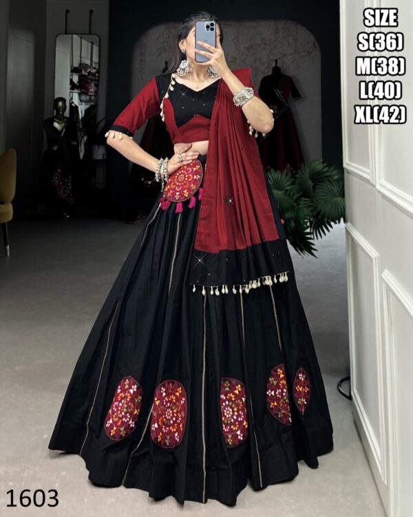 Black Colour Pure Cotton Plain With Mirror And Gamthi Patch Work Navratri Special Lehenga Choli Set