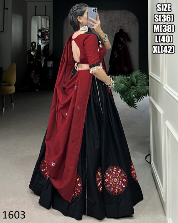 Black Colour Pure Cotton Plain With Mirror And Gamthi Patch Work Navratri Special Lehenga Choli Set