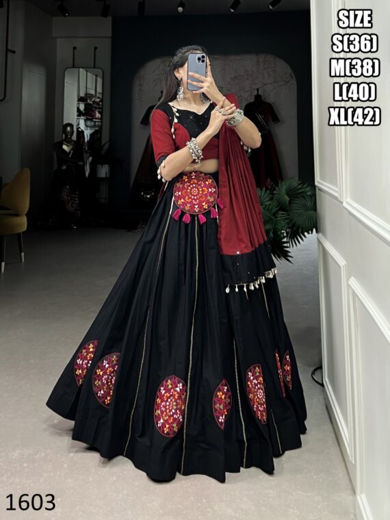 Black Colour Pure Cotton Plain With Mirror And Gamthi Patch Work Navratri Special Lehenga Choli Set