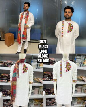 To Celebrate For Navratri Embroidered Gujarati Folk Design Cotton Material Men's Kurta With Dupatta