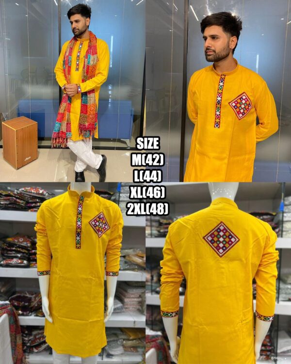 To Celebrate For Navratri Embroidered Gujarati Folk Design Cotton Material Men's Kurta With Dupatta