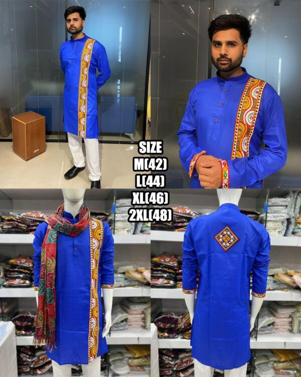 To Celebrate For Navratri Embroidered Gujarati Folk Design Cotton Material Men's Kurta With Dupatta