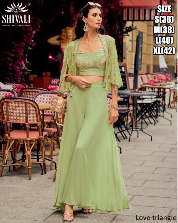 Elegance Party Wear The Georgette Blouse, Jacket And Plazo Set In The Three Piece Collections