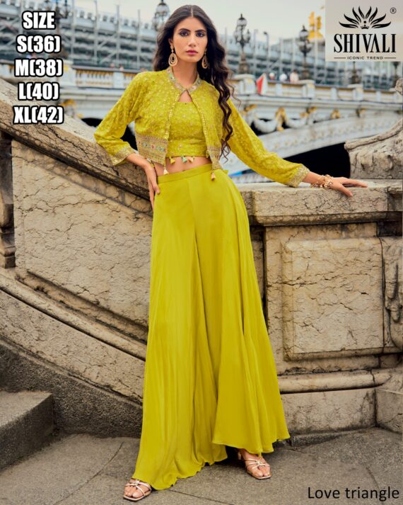 Elegance Party Wear The Georgette Blouse, Jacket And Plazo Set In The Three Piece Collections