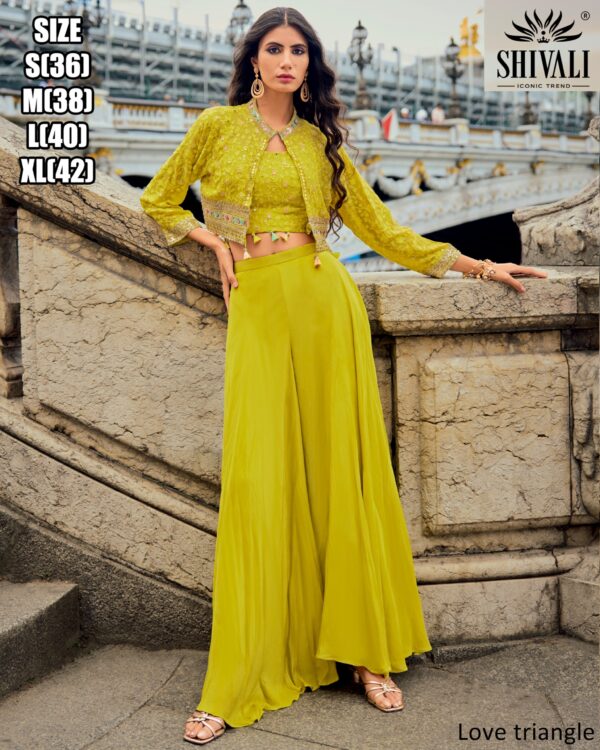 Elegance Party Wear The Georgette Blouse, Jacket And Plazo Set In The Three Piece Collections