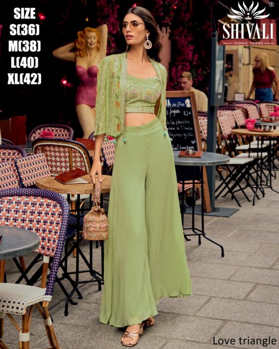 Elegance Party Wear The Georgette Blouse, Jacket And Plazo Set In The Three Piece Collections