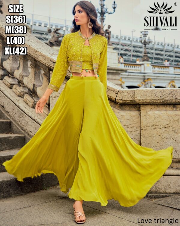 Elegance Party Wear The Georgette Blouse, Jacket And Plazo Set In The Three Piece Collections