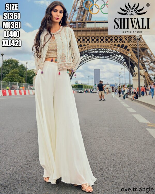 Elegance Party Wear The Georgette Blouse, Jacket And Plazo Set In The Three Piece Collections