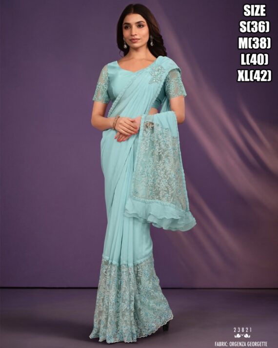 Trending Style New Fancy Party Wear Designer Ready To Wear Sarees And Full Stitched Blouse