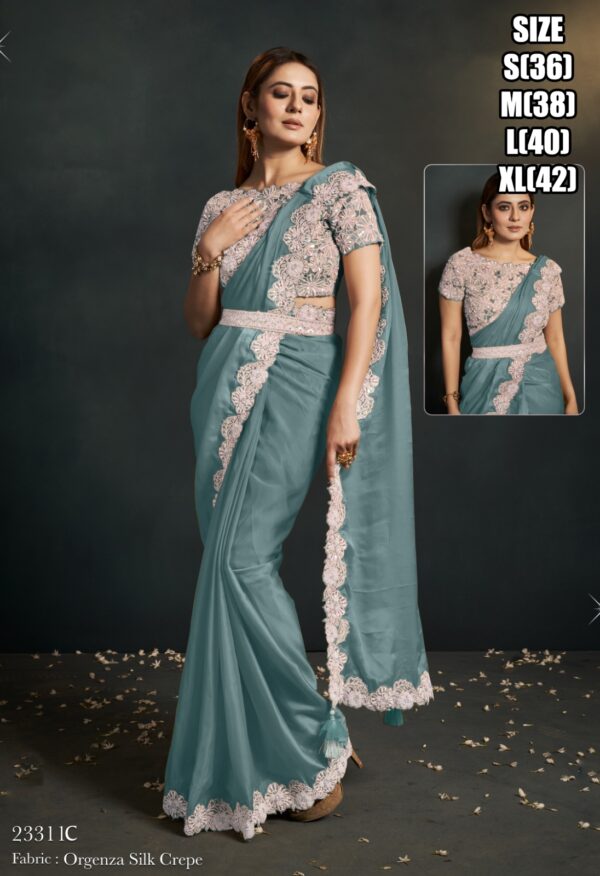 Trending Style New Fancy Party Wear Designer Ready To Wear Sarees And Full Stitched Blouse