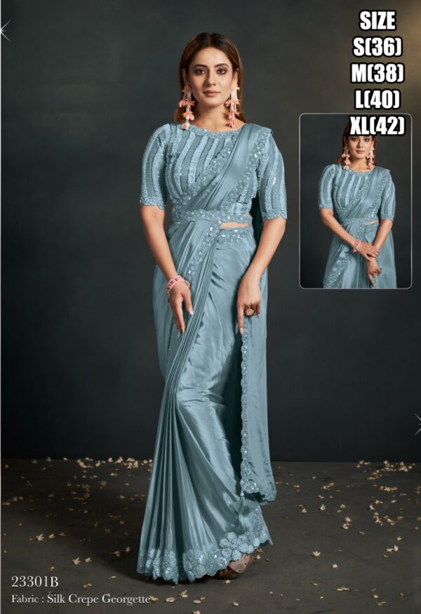 Trending Style New Fancy Party Wear Designer Ready To Wear Sarees And Full Stitched Blouse