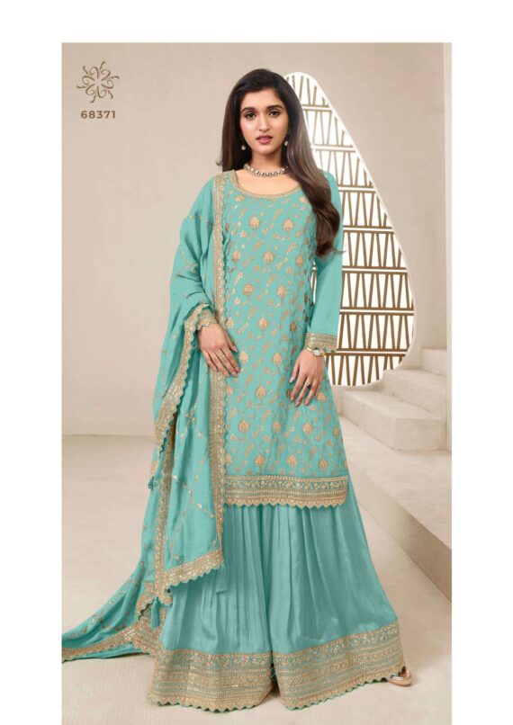 Attractive Variety Of Our Classic And Embellished Chinon Jacquard Salwar Kameez (Plazo Suit)