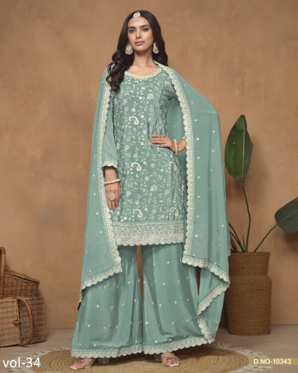 This Beautiful Chinon Plazo Suits For Women's Are Effortless And Can Be Worn To Any Events