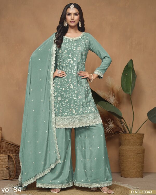 This Beautiful Chinon Plazo Suits For Women's Are Effortless And Can Be Worn To Any Events