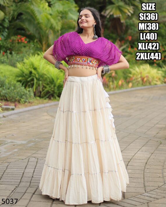 This Outfit Features A Stylish Crop Top Made From Soft Cotton A Paired With A Lehenga, This Is Perfect For Navratri