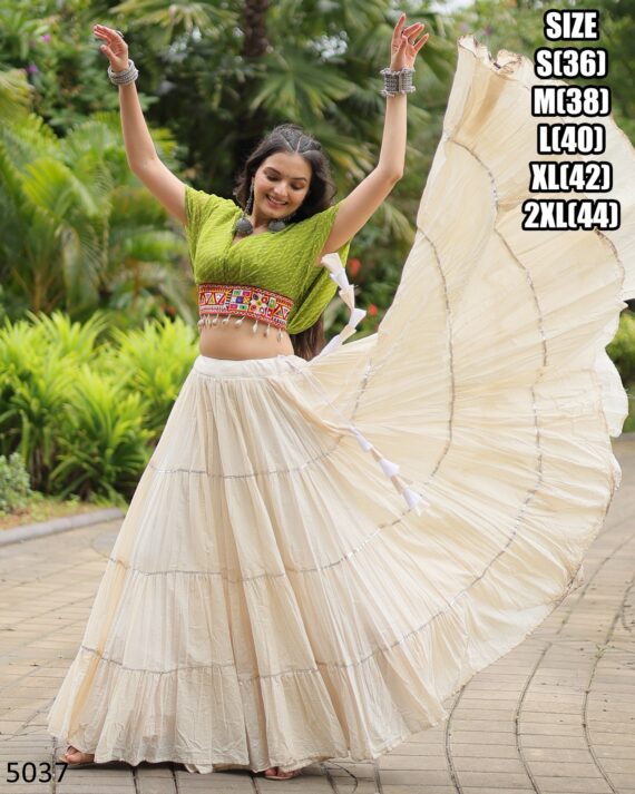 This Outfit Features A Stylish Crop Top Made From Soft Cotton A Paired With A Lehenga, This Is Perfect For Navratri