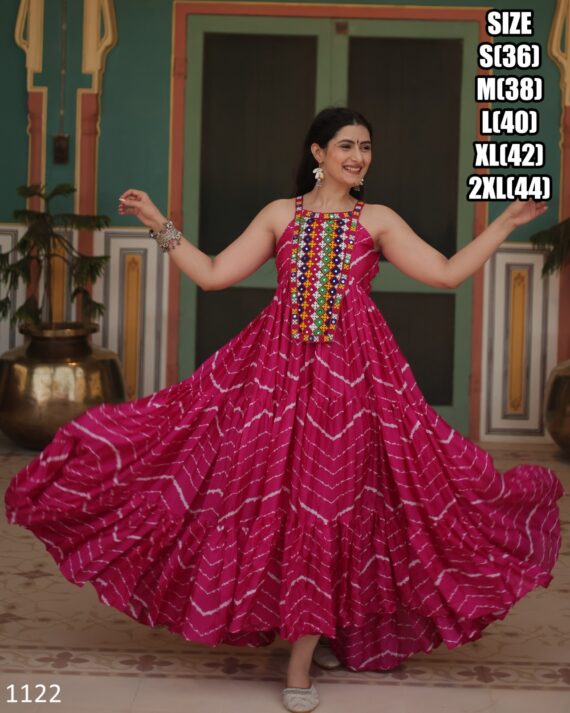 Leheriya Print Work With Kutchi Patchwork Full Flairy Chinon Navratri Anarkali Gown Collection 2024