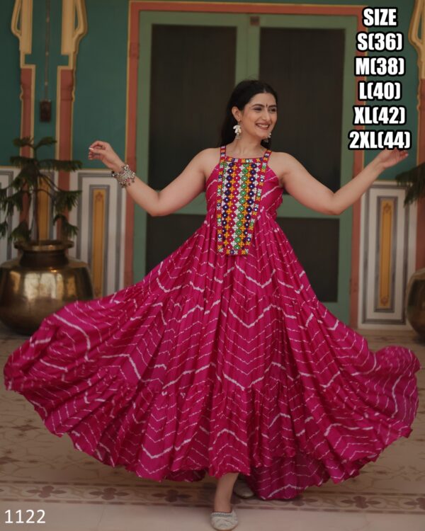 Leheriya Print Work With Kutchi Patchwork Full Flairy Chinon Navratri Anarkali Gown Collection 2024