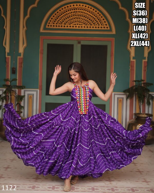 Leheriya Print Work With Kutchi Patchwork Full Flairy Chinon Navratri Anarkali Gown Collection 2024