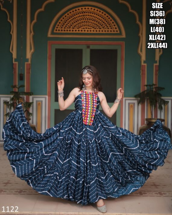 Leheriya Print Work With Kutchi Patchwork Full Flairy Chinon Navratri Anarkali Gown Collection 2024